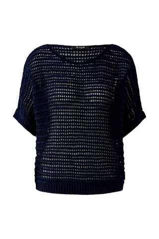 Miss Lagotte - Lockerer Kurzarm-Pullover mit Lochstrick und U-Boot-Ausschnitt blau - Gr. - 40