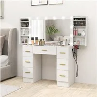 HOMCOM Schminktisch mit 12 LED-Leuchten, Spiegel (Frisiertisch, 1-St., Kosmetiktisch), mit 7 Schubladen, 6 versteckten Schiebefächern, für Schlafzimmer, Weiß