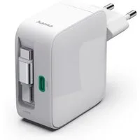 Hama Schnellladegerät mit ausziehbarem Ladekabel, 2x USB-C, 65 W, Weiß Schnelllade-Gerät (Power Delivery, Fast Charge, GaN-Technologie, USB-C-Kabel integriert)