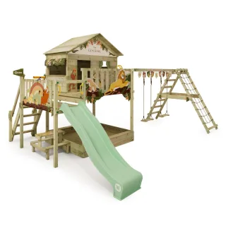 Magischer Disney Spielturm Saga mit Schaukel & Sandkasten - Massivholz Garten Spielplatz für Kinder - Langlebig & Sicher im Abenteuer-Design - Wickey