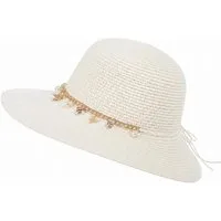 Brise Textil Sonnenhut Damen Sonnenhut mit Schmuckband und Zierperlen, Sommerhut aus Papier Dekoratives Schmuckband, Perlen und Sternanhänger, Breite Sonnenkrempe
