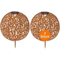 bmf-versand LED Solarleuchte Solarleuchten Garten 2er Set Kugel Metall Rostoptik Solarlampe Außen, Rost farben, LED fest integriert, Warmweiß, Solarkugel