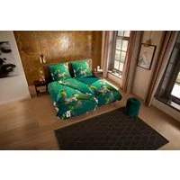 PURE luxury collection Wendebettwäsche Signi, Microfaser, 2 teilig, 135x200, Pflegeleicht, Reißverschluss, Wendeoptik, Blumen, Vogel, Grün