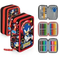 TOP! Federmäppchen Sonic the Hedgehog - Mäppchen Federmappe, 42 Teile, 3-fach gefüllt, (42-tlg., Jungen), Reißverschluss