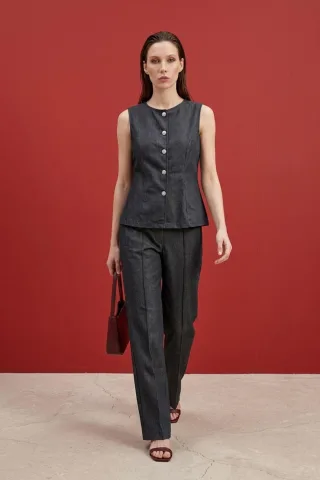 Baumwoll-Popelin-Weste und weit geschnittene Hose Set