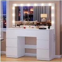 HOMALL Schminktisch Großer Schminktisch, Maße 115/120 x 40 x 140 cm, mit Schmuckschrank (LED-Beleuchtung und Steckdosen, 105 cm groBer Spiegel, mit 7 Schubladen, optional mit Hocker)