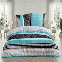 Buymax Bettwäsche Sara, Renforcé: 100% Baumwolle, 3 teilig, 200x220 cm, mit Reißverschluss, Streifen Gestreift Türkis Grau Schwarz