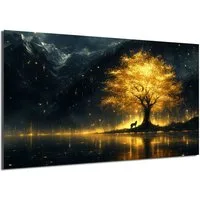 DARO Design Leinwandbild Modern Abstrakt Wandbilder XXL Wandbild Wand Deko Leinwand Bilder, (Wolf am goldenen Baum - Bild groß Wohnzimmer Esszimmer Schlafzimmer Küche Einteilig Querformat Fotodruck Leinwände Wanddeko Abstrakte Kunst Boho), 84x56cm