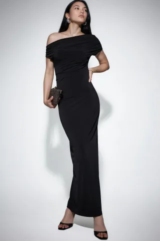 Asymmetrisches Kragen Slim Fit Maxikleid