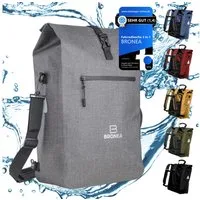 Bronea Fahrradtasche 3-in-1 Wasserdicht - 28L - GREY- Kombi Rucksack & Umhängetasche (Schnellmontage an Gepäckträger, Integrierte Laptoptasche), PVC-frei - Reflektierende Elemente - Gepolsterte Rückwand