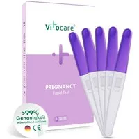 Vitocare Schwangerschaftstest Schwangerschaftstest Frühtest hCG, 5er f. Zuhause, 5-tlg., Ergebnis in nur 3 min.