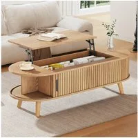 Merax Couchtisch anhebbarer Sofatisch mit Liftfunktion im Walnuss-Design (1-St., 120x50x39,5cm), Wohnzimmertisch mit verstecktem Stauraum, 5 Ablagefächern & Holzbeinen