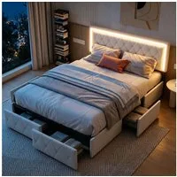 PXloue Polsterbett LED Doppelbett Stauraumbett (1 tlg., Kopfteil hochstellbar), mit 3 Schublade, LED-Beleuchtung, Gepolsterte Rückenlehne, 160x200cm