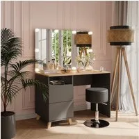 Vicco Schminktisch Karen, Anthrazit/Artisan, 110 cm mit Hocker und LED-Lichterkette (3-St)