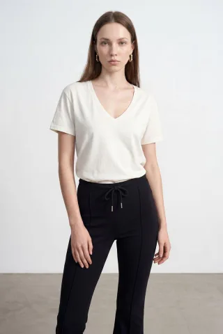 Baumwolle Tencel V-Ausschnitt Kurzarm-Bluse