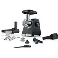 BOSCH Fleischwolf Serie 6 MFWS650B, 3,5kg/Min., 2 Lochscheiben (3 & 8mm), schwarz, 500 W, 2 Stufen, Rücklauf, Wurststopfer, 10 J Motorgarantie, Planetengetriebe