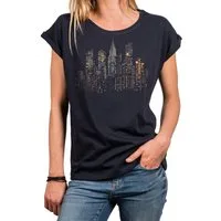MAKAYA T-Shirt Damen-Top mit USA Skyline – bunte Punkte, New York & Amerika-Motiv (Schwarz, Blau, Dunkelgrau, 34, 36, 38, 40, 42, 44, 46, 48, 50) Baumwolle