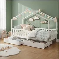 Bellabino Kinderbett Bia mit Rausfallschutz & Lattenrost (weiß, mit zwei Schubladen), Kinderbett aus Kiefernholz, verfügbar in 80x160/90/120/140x200 cm