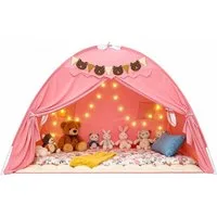 Insma Spielzelt 2 IN 1 Kinder Spielhaus Bettzelt Schlosszelt mit Sternen-Lichterkette und Bären-Wimpelkette, 196×140×132cm