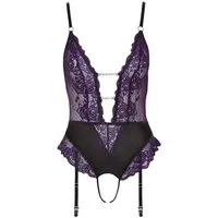 Cottelli Collection Body Ouvert Body mit Strumpfhaltern und Spitze - schwarz, lila (1-tlg) 2 Glitzerketten im tiefen Dekolleté