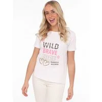 Zwillingsherz T-Shirt "Wild Brave Free" Leo-Muster, Pailletten, Kurzarm, Rundhalsausschnitt, Schriftzüge