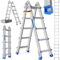 MASKO Vielzweckleiter Aluminium 6in1 Mehrzweckleiter – 20 Sprossen - 520 cm 150 Kg, (ausziehbar, Rutschfest, Multifunktional, Gelenkleiter, Anlegeleiter), Klappleiter, beidseitige Steh- und Treppenleiter Silber