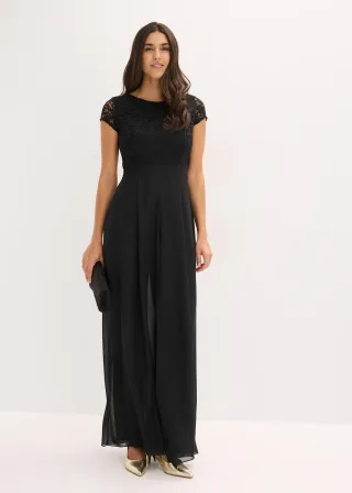 bonprix Overall mit Spitze und Chiffon-Einsatz, schwarz, Gr.52, Modern und feminin: Overall mit Spitze im Oberteil und einem langem Chiffon-Cape an der Taille