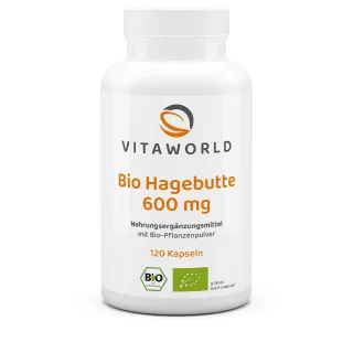 Vitaworld Hagebutte 600 mg Bio | 120 Kapseln | Premium Hagebuttenpulver | original Rosa Canina aus Chile | vegan