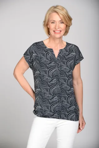 CLARINA - Shirt,Serafino Ausschnitt,Druc schwarz-weiss blatt - Gr. - 40