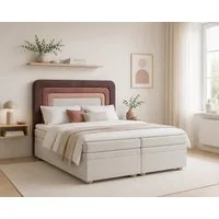 MOEBLO Boxbett NEST (Erdtöne Bett in neutralen Farben, regenbogenförmige abgerundete Kopfstütze, mit Bettkasten, Samt, Velour, Bonell + Topper, Doppelbett Taupe Beige), (BxHxT): 143 / 163 / 183 x 125 x 214 cm