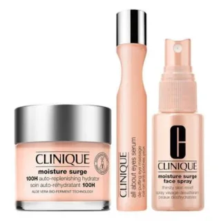 CLINIQUE MOISTURE SURGE SET: SERUM FÜR AUGENENTÖPFUNG 15ML + CREME 100H AUTO-REGENERIERENDER FEUCHTIGKEITSSPENDER CREME 75ML + MOISTURE SURGE GESICHTSSPRAY 30ML