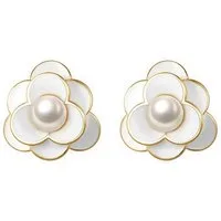 Runde Perlé Paar Ohrstecker weiße Kamelie mit Perle Ohrstecker, 925er Silber, 18K Gold, Emaille (inkl. Geschenkverpackung)