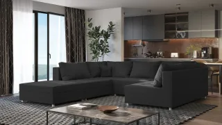 Wohnlandschaft Sofa ANDRO Schlaffunktion und Hocker Stoff Lincoln Schwarz