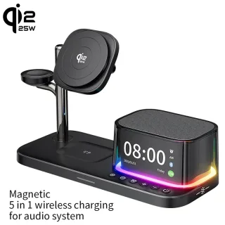 C09Plus 5-in-1 Qi2.2 Magnetic Wireless Charger 25W Fast Wireless Charging Stand with Time Display bluetooth Speaker for