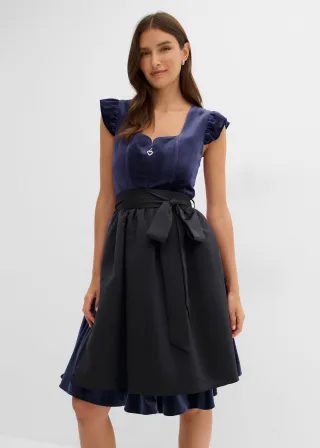bonprix Dirndl und Schürze (2-tlg.Set), blau, Gr.54, Modern und feminin: Dirndl aus Samt mit herzförmigen Ausschnitt und Rüschenärmel sowie einer Schürze aus glänzendem Satin