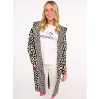 Zwillingsherz Strickjacke Leoparden-Muster, Neon-Details, Langarm, Kapuze, ohne Verschluss