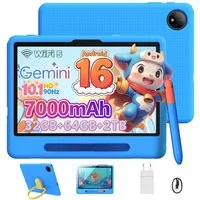 POCKAM Kinder Lern-Tablet mit Elternkontrolle 10'' Android 16, 64GB ROM kids Tablet (10.1", 64 GB, Android 16, WiFi, Mit Gemini AI, Stylus, Silikonhülle, 7000mAh Akku & 5G WiF)