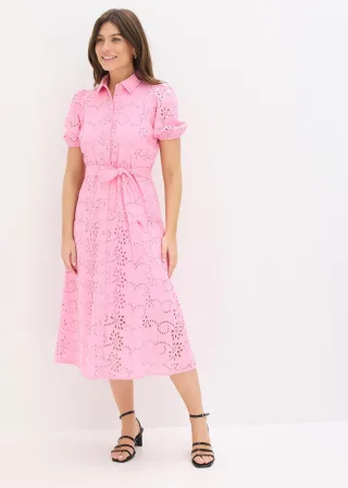 bonprix Lochstickerei-Blusenkleid aus reiner Baumwolle, rosa, Gr.46, feminines Lochstickerei-Blusenkleid aus reiner Baumwolle mit Bindeband in der Taille und Puffärmeln, aus 100% Baumwolle