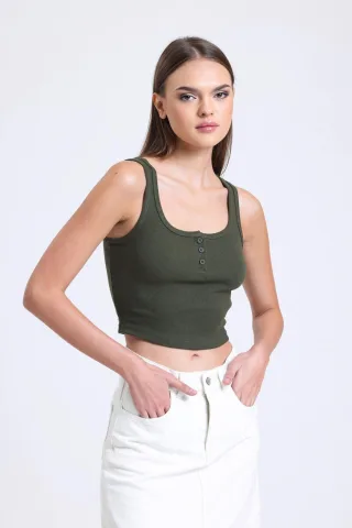 Quadratischer Ausschnitt geripptes, geknöpftes Tanktop