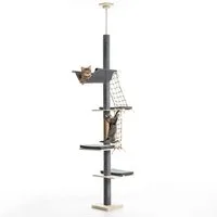 Kraus-Magazin Kratzbaum Indoor-Kletterturm deckenhoch, Höhenverstellbar 236 cm - 270 cm, mit Hängematte und Kletternetz