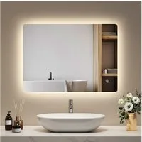 EMKE Badspiegel LED-Badspiegel 70 × 50 cm, 3 Lichtfarben, dimmbar (Vertikal und Horizontal möglich), Antibeschlag, Touch, Memory, Warmweiß/Naturweiß/Kaltweiß, IP44