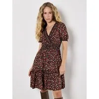 Apricot Minikleid Mini-Kleid mit Smokdetails und Blumenmuster