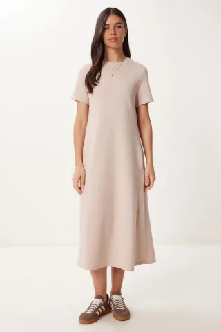 Midi-Kleid mit kurzen Ärmeln und Rundhalsausschnitt