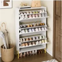 MODFU Schuhschrank 73x120x24 cm · 3 Türen · weiß mit goldenen Beinen (Packung, 1-St., Großes Fassungsvermögen, Stilvoll und praktisch) Moderner, Geeignet für den Eingangsbereich oder das Foyer.