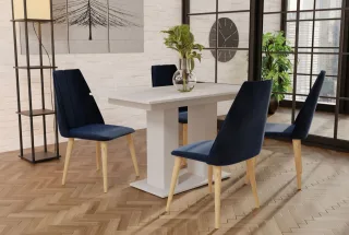 Essgruppe Weiss matt-Tisch mit 4 Dunkelblau CAROS Stühlen für Esszimmer oder ...