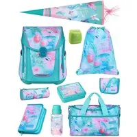 Familando Schulranzen Schmetterling Schultasche, Butterfly türkis, rosa, ab 1. Klasse (Spar-Set, 10-tlg., inkl. Lunch-Set, Sporttasche und Schultüte 85cm), mit Brustgurt, 1.000 Gramm leicht, 20L Volumen