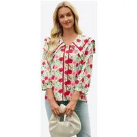 Imily Bela Druckbluse Damen mit Blumenmuster Knopfleiste 3/4-Puffärmeln quadratischem Kragen (Packung, 1-tlg., 1per-Pack) Blumenknöpfe Print