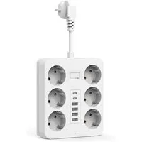 ShenzhenJilongLightingElectricalAppliances Co.,Ltd. 12in1 Steckdosenadapter mit 6 Schutzkontaktsteckdosen und 6 USB Ports Mehrfachsteckdose 12-fach (Ein-/Ausschalter, 2x USB-C Ports, Automatisches Abschalten bei Fehlfunktion, Überlastschutz, 4x USB-A