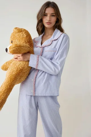 Kariertes Baumwoll-Pyjama-Set mit Hemdkragen