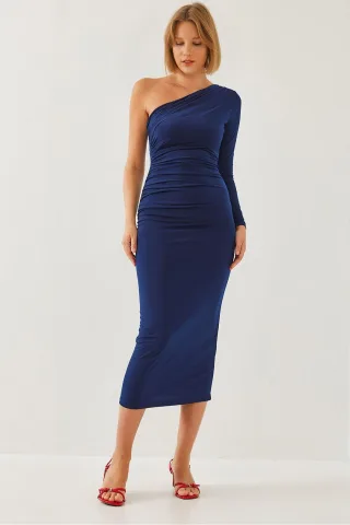 Asymmetrisches Kragen Raffung Midi-Kleid